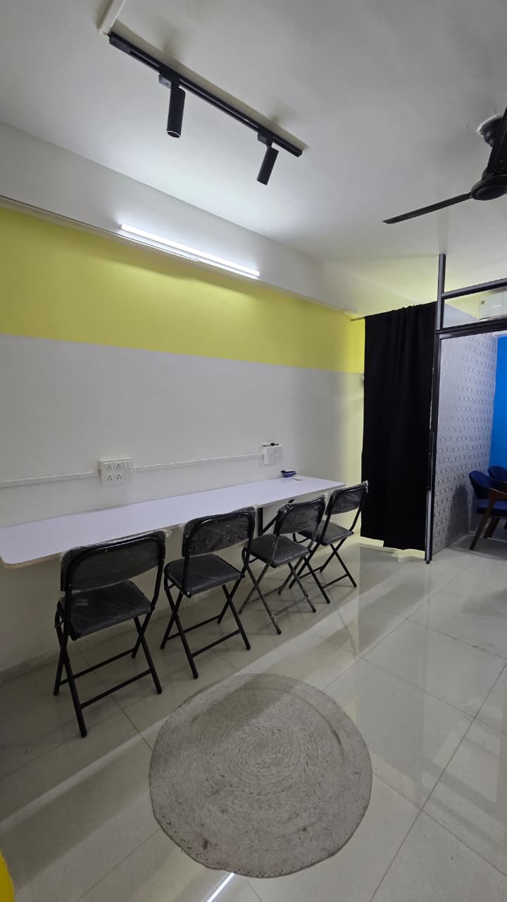 Full workspace overview with yellow accent wall